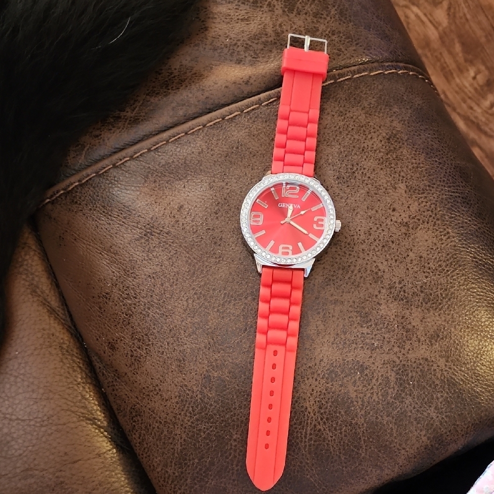 Geneva Vibrant Red Watch with Crystal Details